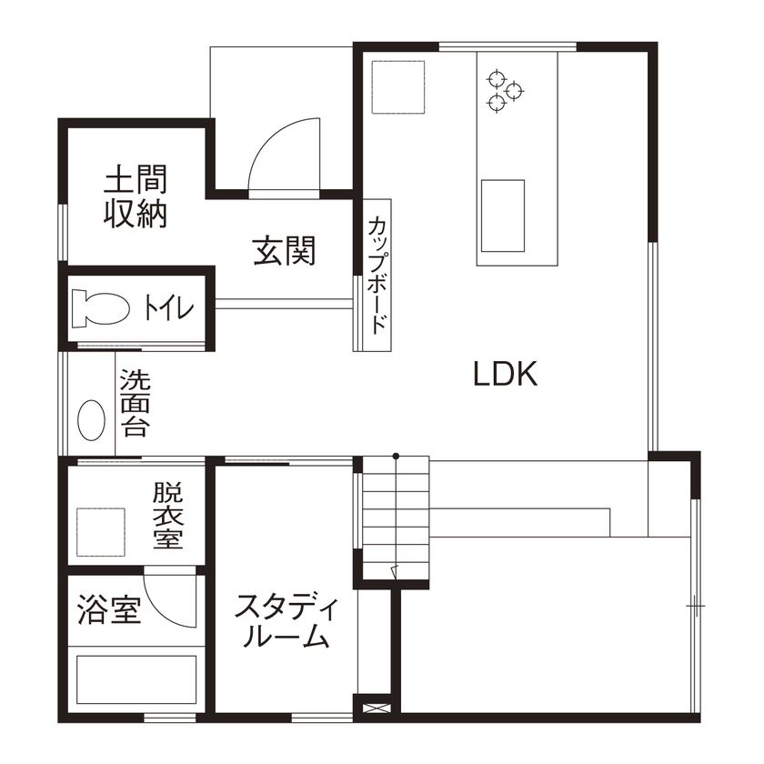 ハウスクラフト ダウンフロアで空間を活用した間取り。土間収納、スタディスペース、ランドリールーム等こだわりを全て実現の間取り図（4LDK+WIC）1階