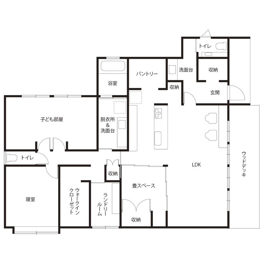 ハウスクラフト 【平屋/間取り図】屋根勾配を活かした開放感。ゆとりあるLDKに家事動線、実現したい基本がつまった平屋住宅の間取り図（3LDK）1階