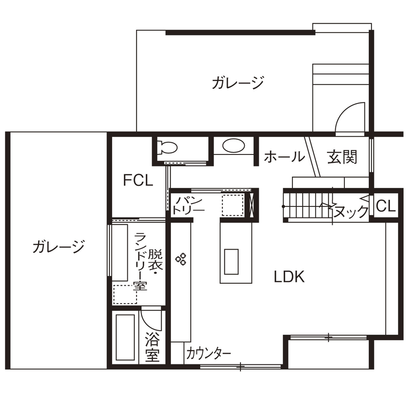ハウスクラフト 【高断熱/ガレージ/2000万円台/間取り図】2方向に停めるガレージに脱帽。「住みやすくておしゃれ」が叶ったの間取り図（3LDK+ガレージ）1階