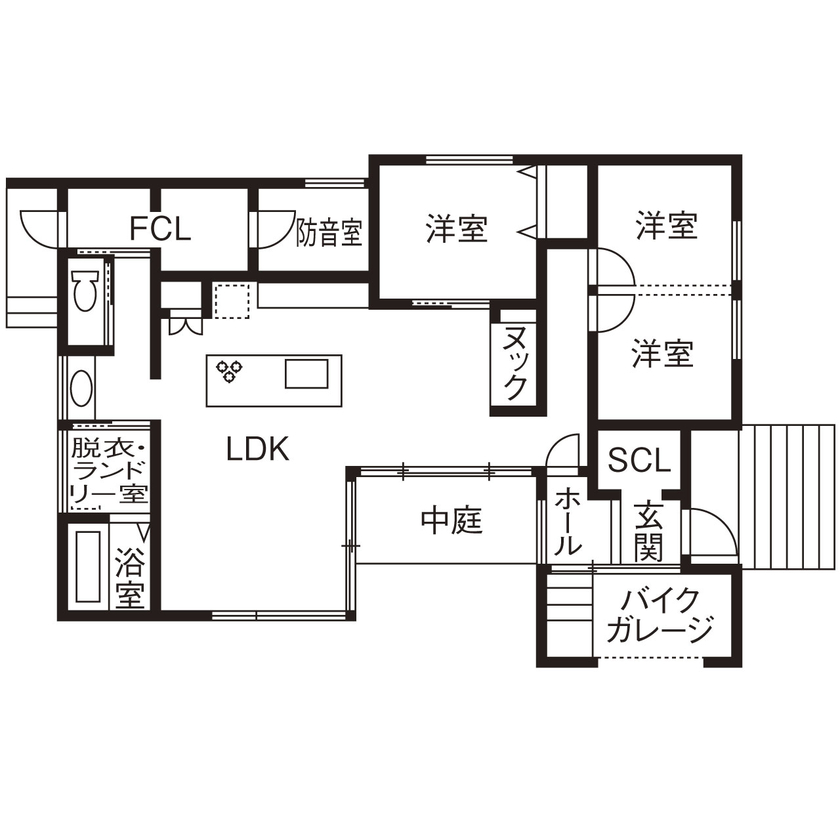 ハウスクラフト 【平屋/29坪/2000万円台/中庭/間取り図】３つの趣味空間にときめく平屋。高性能と窓の工夫で光熱費もダウンの間取り図（3LDK+防音室+車庫）1階