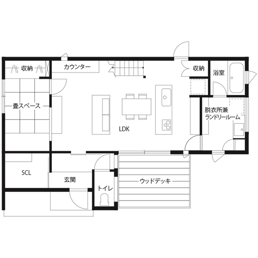 ハウスクラフト 【2000万円台／自由設計／間取り図】敷地面積約100坪｜白とグレーでまとめた、植栽が映える二階建ての家の間取り図（4LDK）1階