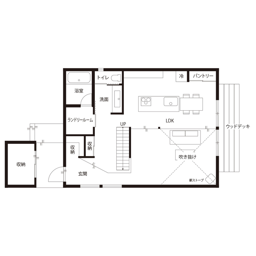 ハウスクラフト 【3000万円台／40坪／間取り】玄関から庭までつながる土間リビング＆薪ストーブがある家の間取り図（3LDK）1階