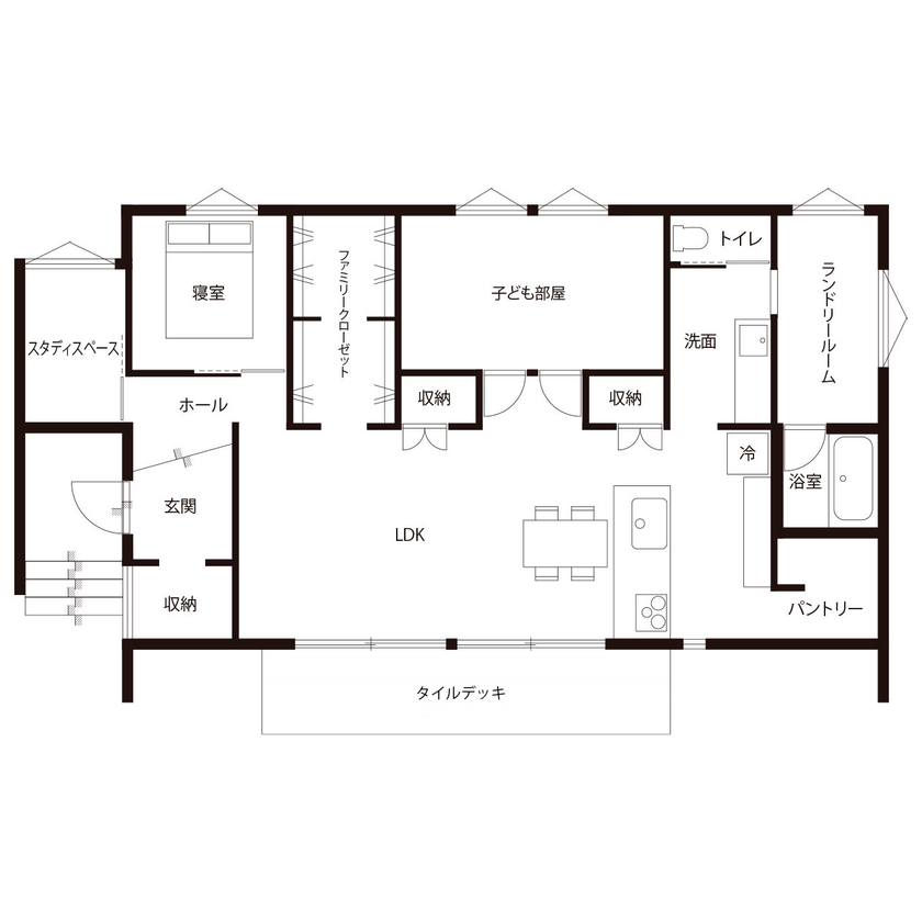ハウスクラフト 【平屋/30坪/間取り図】シンプルな生活動線で機能的な平屋！家事を楽にしてくれるアイディアも参考にの間取り図（3LDK）1階
