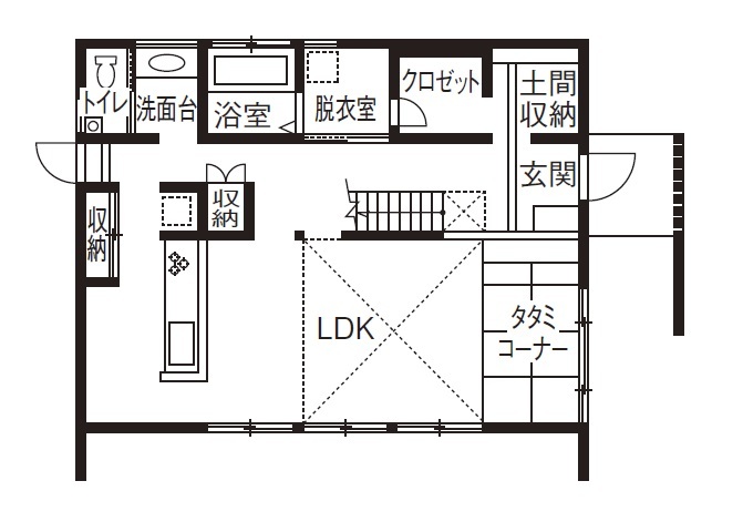 ハウスクラフト 【間取り図】大空間の吹抜けで光と風を感じるおしゃれな2階建て!自然素材の心地よさで暮らしをより豊かにの間取り図（2LDK）1階