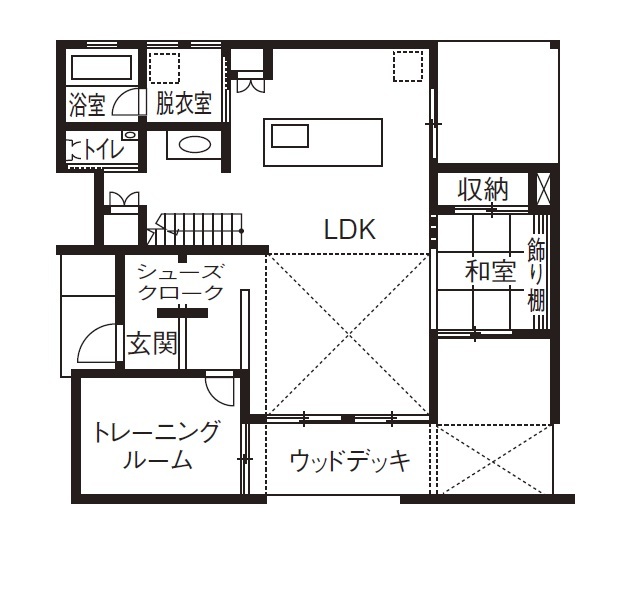 ハウスクラフト 吹抜けとパパ念願のトレーニング室を実現した、天然木をふんだんに使った家。「家事ラクなのも魅力です！」の間取り図（3LDK+フリールーム）1階