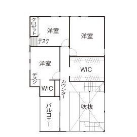 ハウスクラフト 【スキップフロア×家事ラク動線】吹抜けがつくる陰影がインテリアに！城をヒントにした焼杉のカッコいい家の間取り図（3LDK）2階