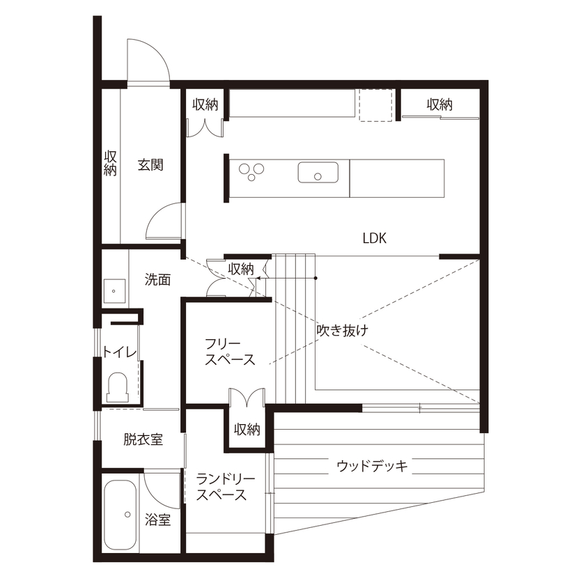ハウスクラフト 【2000万円台/間取り図/3LDK】白基調のモダンテイスト｜大階段×約8帖の吹き抜けが作りだす開放的な住まいの間取り図（3LDK）1階