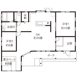 リバティーホーム ココチヨイ家 【佐賀県／1000万～1500万円／2DK】あまりお金をかけずに 家族やペットが自然体で暮らせる平屋の間取り図（3LDK）1階