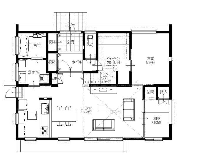 リバティーホーム ココチヨイ家 モダンなハイデザイン、流れる木目天井に癒しを感じる。の間取り図（4LDK+フリースペース）1階