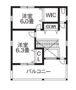 リバティーホーム ココチヨイ家 インナーガレージのあるリッチな外観。正面を通る線路からエントランスや室内が見えない工夫の間取り図（3LDK）2階