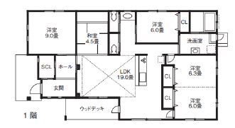 リバティーホーム ココチヨイ家 【2000万円～2500万円】モデルハウスを参考にオーダー　２階建てを平屋にカスタマイズの間取り図（3LDK平屋）１階