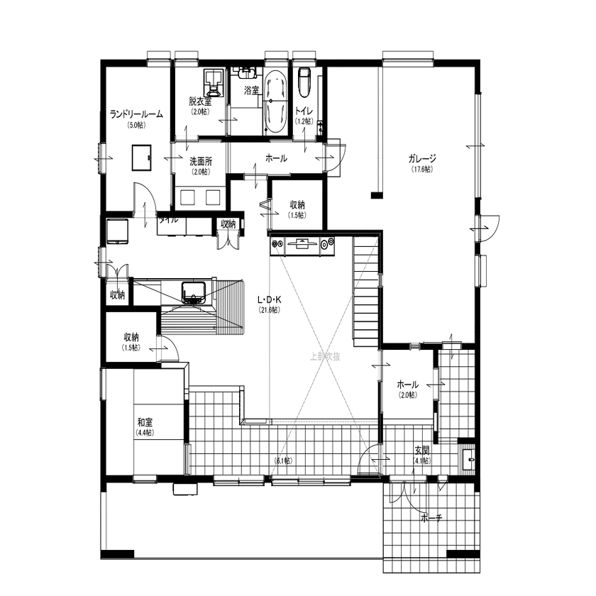 リバティーホーム ココチヨイ家 ビルトインガレージｘロマンｘ大空間の間取り図（４LDK+ガレージ）1階
