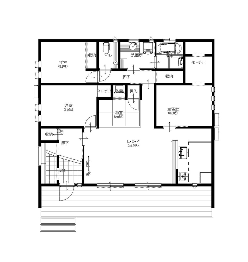 リバティーホーム ココチヨイ家 【1500～2000万円】無垢材をふんだんに使用した温かみのあるナチュラルな平屋の間取り図（3LDK）1階