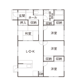 カステルホーム 【1000万円台×収納充実×平屋×シンプル】無駄を省いてゆったり暮らす。平屋の住まいを1500万円以下で実現の間取り図（4LDK）1階