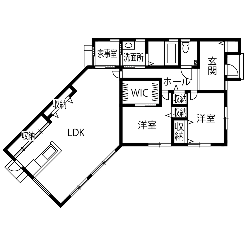 カステルホーム 【大津市×1960万円】暖炉の暖かさに包まれる平屋。琵琶湖を一望する別荘のような住まいの間取り図（2LDK＋家事室＋WIC）1階