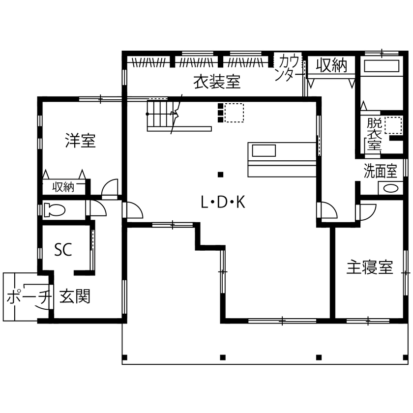 カステルホーム 【長浜市×1851万円】在宅ワークがはかどる郊外暮らし。広々インナーテラスが室内外を緩やかに繋ぐ平屋の家の間取り図（2LDK＋ロフト＋衣装室）1階