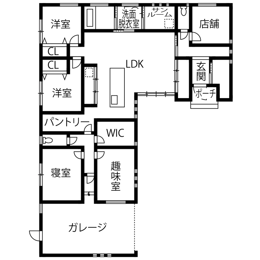 カステルホーム 【平屋／インナーガレージ／2800万円】モノトーンでまとめたスタイリッシュデザインの平屋の住まいの間取り図（5LDK＋WIC＋パントリ）1階