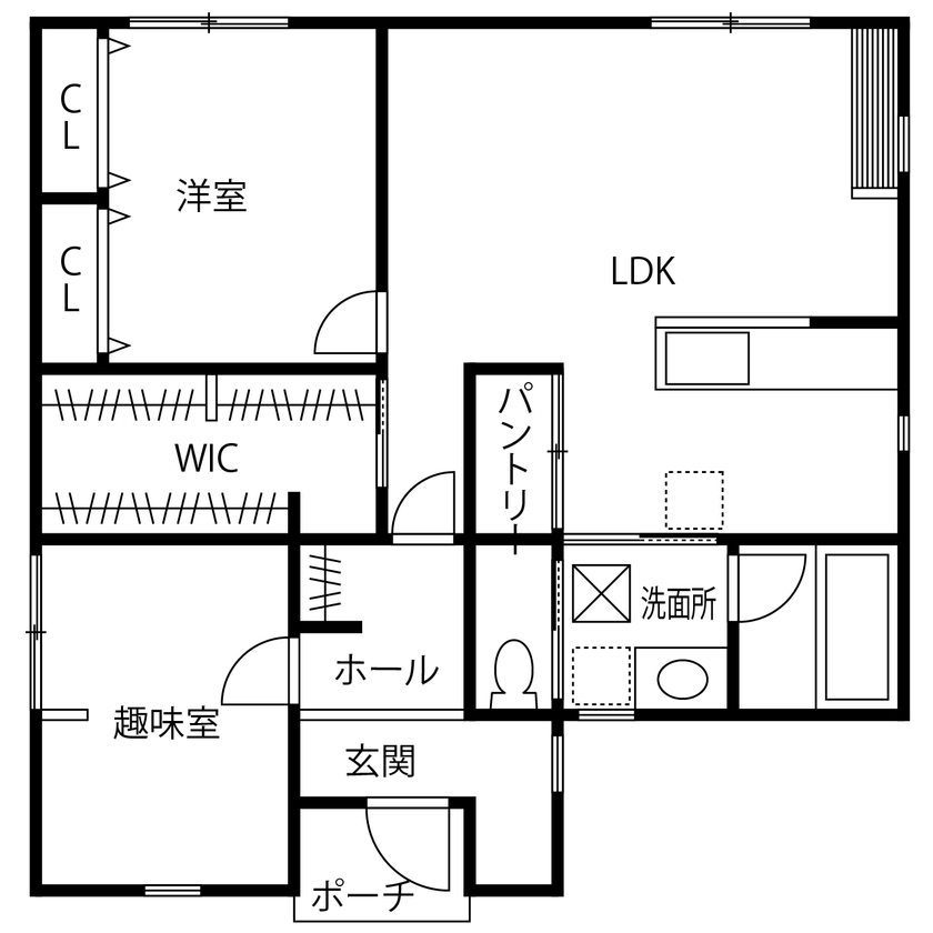 カステルホーム 【趣味室×平屋×1000万円台】趣味を楽しむ大人の平屋。将来を見据えて動線・断熱にこだわって叶えた住まいの間取り図（2LDK＋WIC）1階