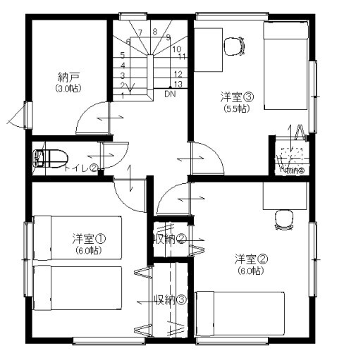 カステルホーム 【1000万円台×収納力】外部収納のあるコンパクトながら暮らしやすい家の間取り図（3LDK）2階
