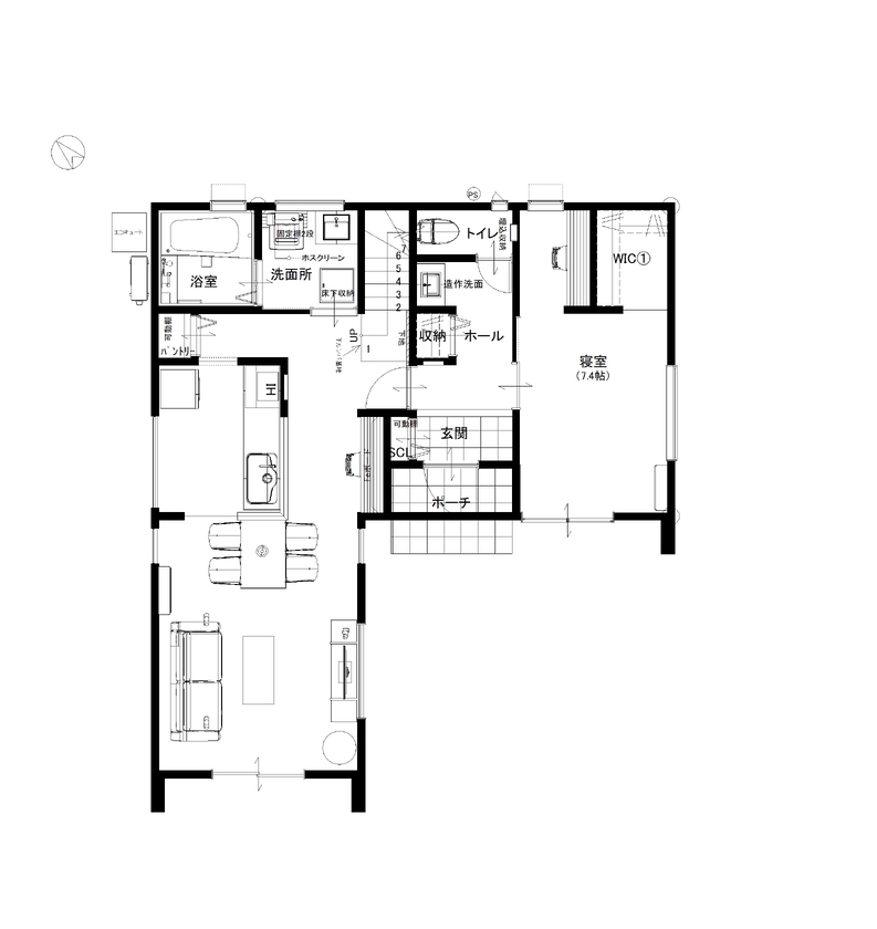 カステルホーム 【無垢材×1917万円】家事動線◎おうち時間を豊かに彩る、自由空間のある家の間取り図（3LDK+サンルーム）1階