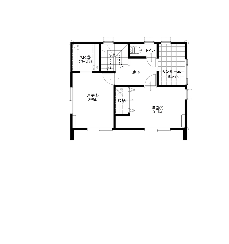 カステルホーム 【無垢材×1917万円】家事動線◎おうち時間を豊かに彩る、自由空間のある家の間取り図（3LDK+サンルーム）2階