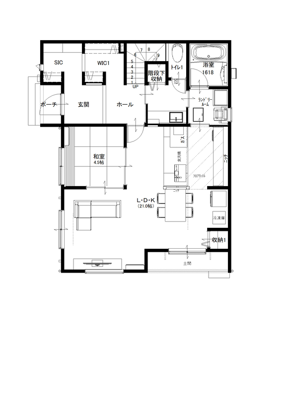カステルホーム 【回遊動線×子育てしやすい】回遊動線と家族が快適に暮らせる家の間取り図（4LDK+書斎+SIC+WIC）1階
