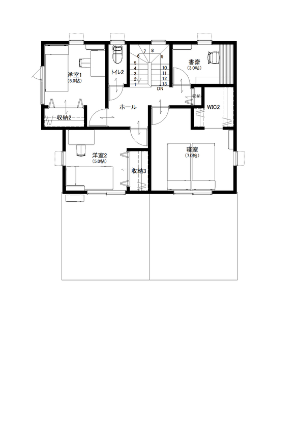 カステルホーム 【回遊動線×子育てしやすい】回遊動線と家族が快適に暮らせる家の間取り図（4LDK+書斎+SIC+WIC）2階