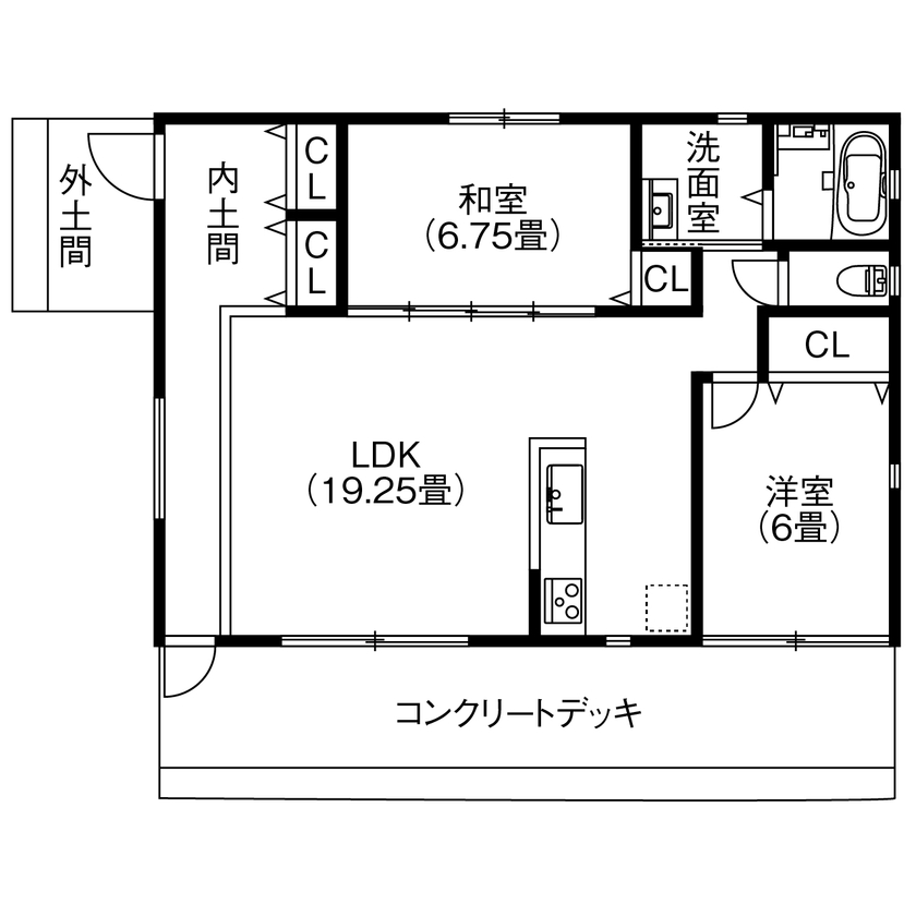EASTYLE HOME（イースタイルホーム） 【1000万円台×平屋×間取り図】「海が見える暮らし」を楽しむ平屋。21坪のコンパクトなセカンドハウスの間取り図（2LDK＋土間＋デッキ）1階