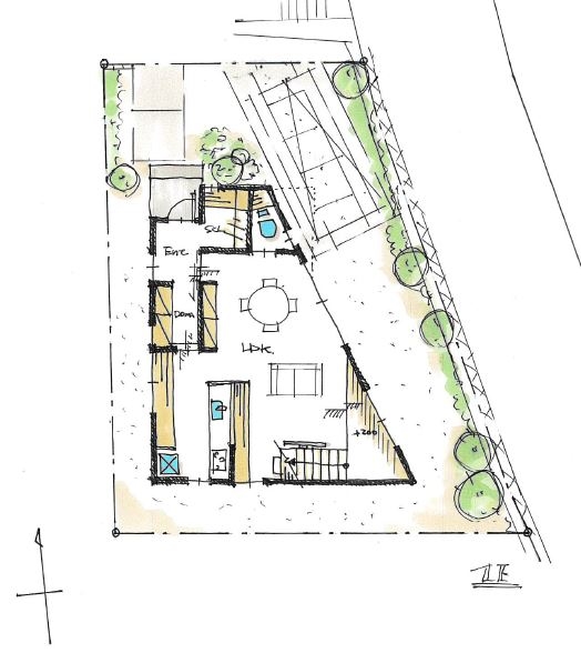 マドリヤアーキテクツ一級建築士事務所 【1500万円/間取り図有/がけ地隣接】狭小地・変形地・がけ地の技術集団が作る造作いっぱいのこだわりの家の間取り図（2LDK）1階