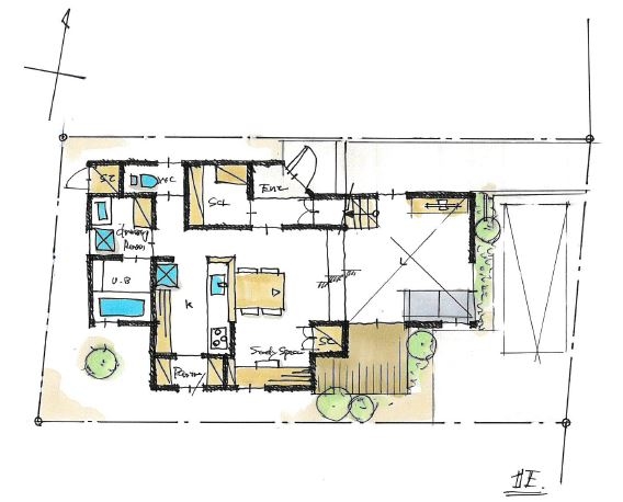 マドリヤアーキテクツ一級建築士事務所 【2000万円/間取り図有/狭小地/家事導線】無垢材を使ったこだわりあふれる住まいの間取り図（3LDK）１階