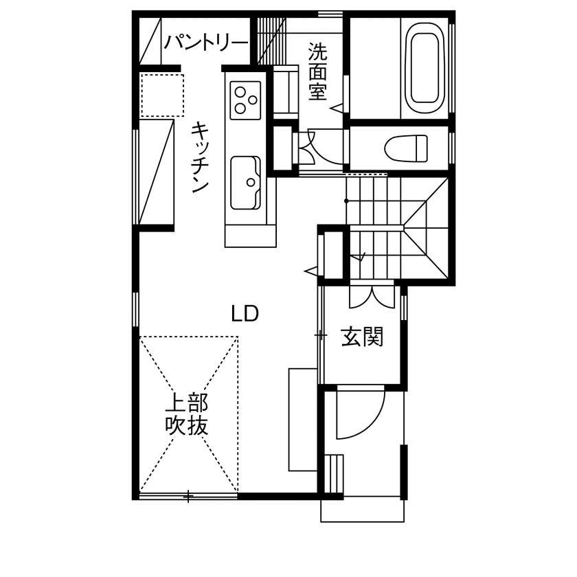 マドリヤアーキテクツ一級建築士事務所 【1850万円/間取り図有/狭小地/変形地】無垢材と造作で作るこだわりが詰まった日の光が溢れる住まいの間取り図（3LDK+ロフト）1階