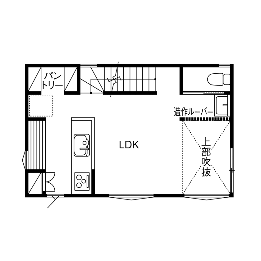 マドリヤアーキテクツ一級建築士事務所 【2030万円/間取り図有/狭小地/3階建て】建築面積10坪の住宅密集地に、吹き抜け配置で理想の明るい住まいにの間取り図（2LDK＋小屋裏+WIC）2階