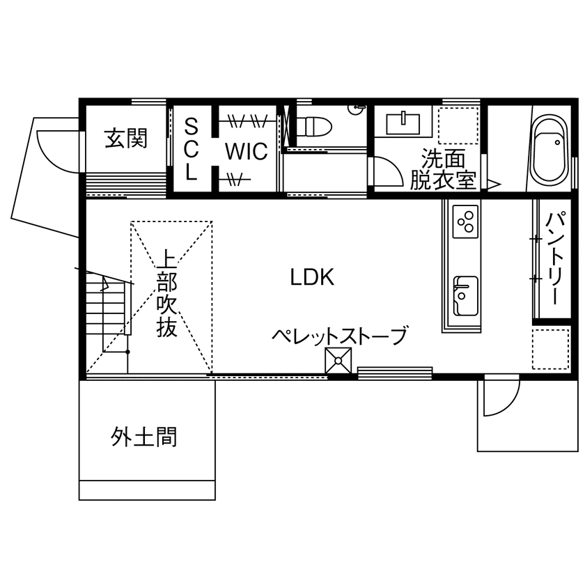 マドリヤアーキテクツ一級建築士事務所 【2158万円/シンプル】温もりと静寂を備えたナチュラルな住まい。大開口のオリジナル木製サッシがポイントの間取り図（3LDK+書斎+WIC+SCL）1階