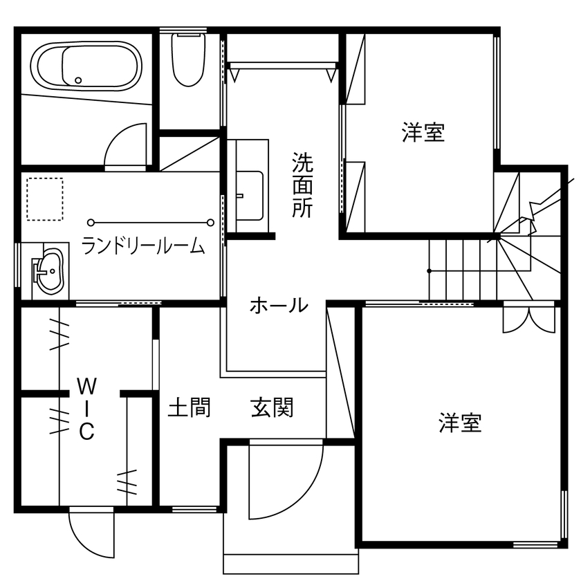 マドリヤアーキテクツ一級建築士事務所 【西多摩郡／２階リビング／間取図】身支度を整える1階、くつろぎの2階。快適な生活動線を叶えた住まいの間取り図（3LDK+WIC+土間）1階