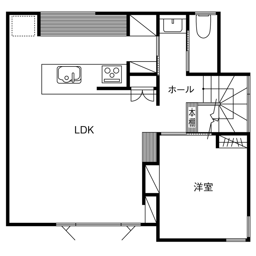 マドリヤアーキテクツ一級建築士事務所 【西多摩郡／２階リビング／間取図】身支度を整える1階、くつろぎの2階。快適な生活動線を叶えた住まいの間取り図（3LDK+WIC+土間）2階