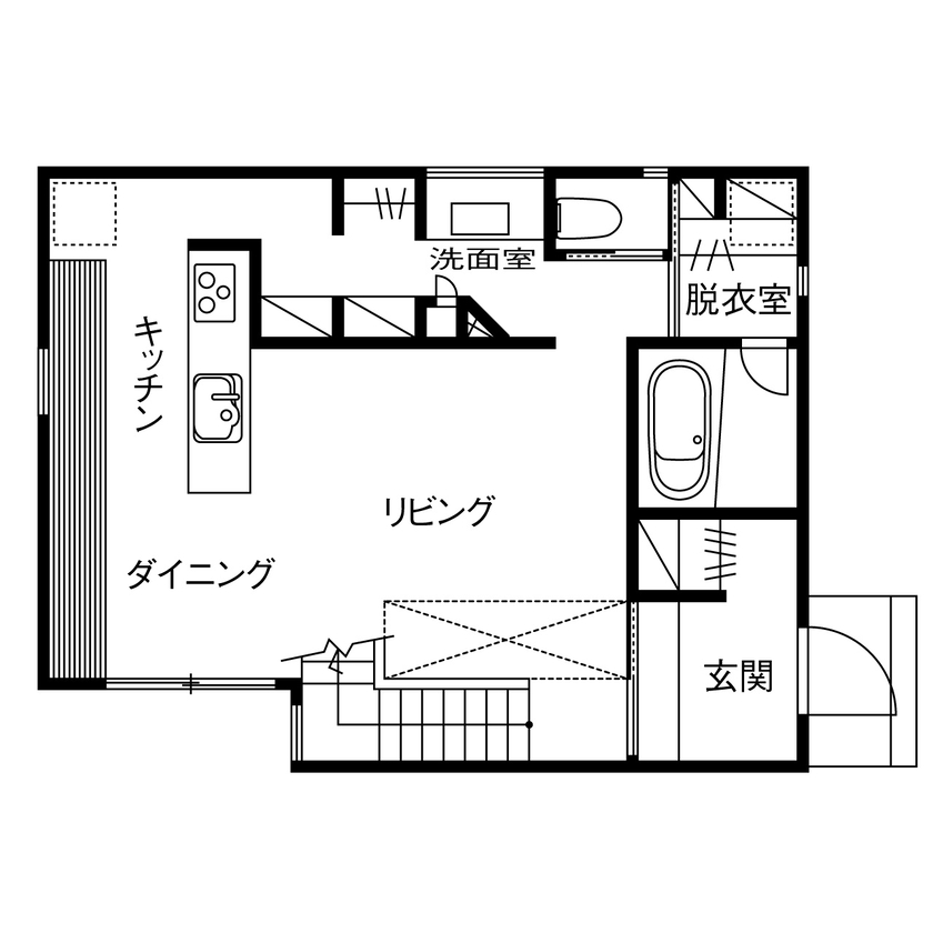 マドリヤアーキテクツ一級建築士事務所 【吹抜／家事動線／間取図】三角屋根のシンプル＆カジュアルスタイルな家の間取り図（3LDK）1階