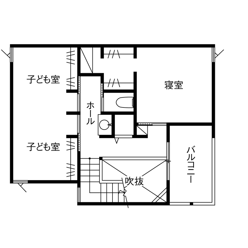 マドリヤアーキテクツ一級建築士事務所 【吹抜／家事動線／間取図】三角屋根のシンプル＆カジュアルスタイルな家の間取り図（3LDK）2階