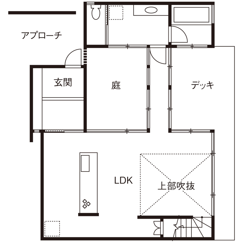 建築工房 【1500万円～/奈良県/28坪/間取り有】吹き抜けと窓が眺望を暮らしの中に、2つの庭が内と外を繋ぐ家の間取り図（3LDK）1階