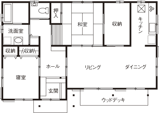 菊池建設 【2000万円台/30坪台/間取り図】檜が香り、風が抜ける空間でゆったり過ごす和風住宅の間取り図（2LDK）1階