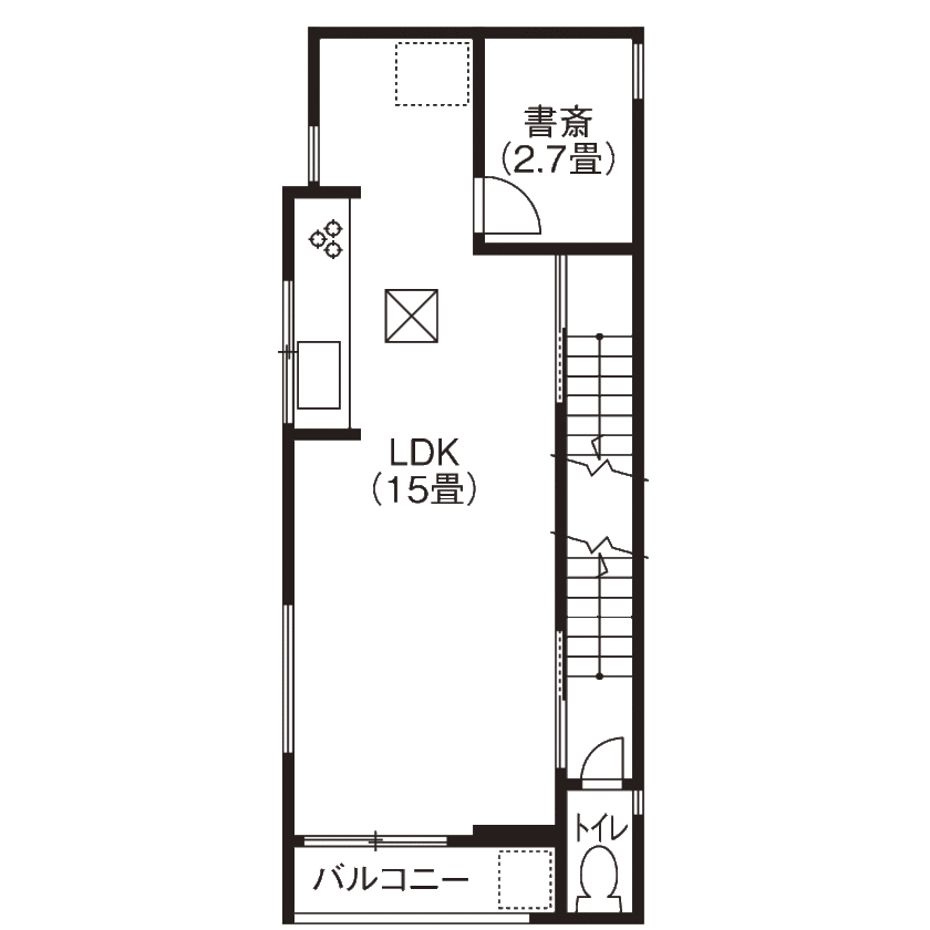 和光ホームズ 注文事業部 【大阪市/狭小/３階建て】予算も間取りも自由設計だから叶ったアイデア満載の店舗併用住宅の間取り図（3LDK＋WIC＋書斎）２階
