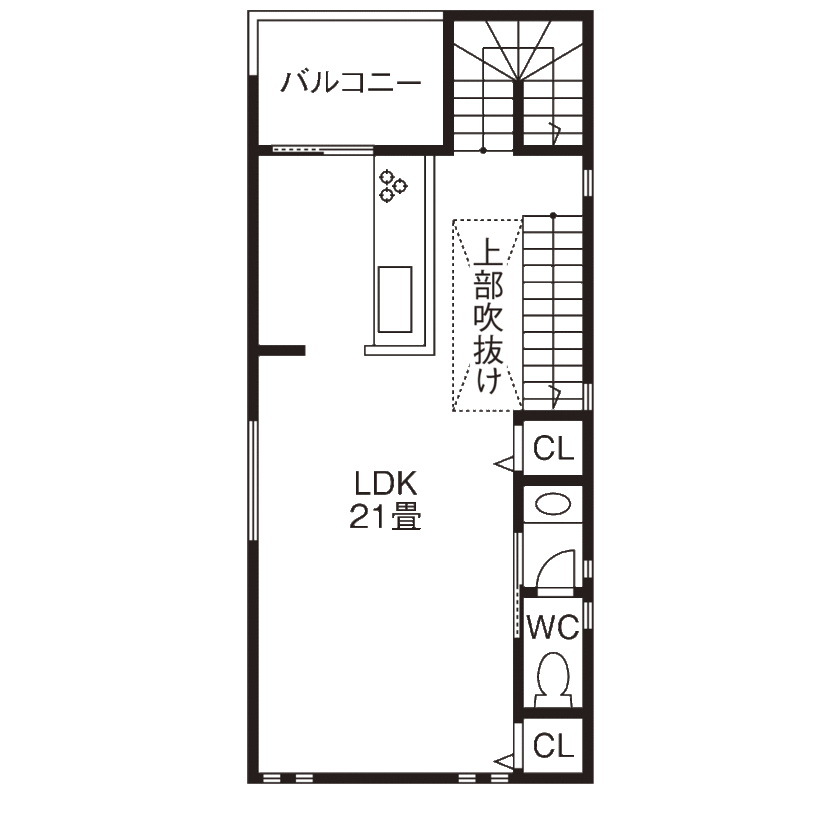 和光ホームズ 注文事業部 【大阪市/狭小/3階建て】LDKは21畳！光の通り道をつくり、隅々まで自然光が行き渡る家の間取り図（3LDK）2階