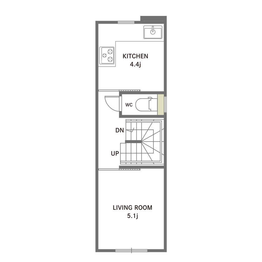 和光ホームズ 注文事業部 【大阪市｜狭小｜コンパクト｜間取り】都心の幅2.6m（1.5間）での建て替えは1センチも無駄のない設計での間取り図（4K）２階