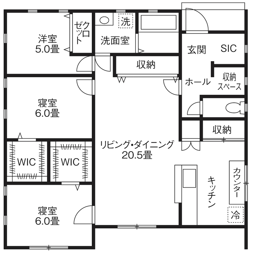 Rico Life. 久喜店 【平屋/1000万円台/27.8坪/間取り図】“ちょうどいいサイズ”のモダンな平屋。収納充実で暮らしやすくの間取り図（3LDK）1階