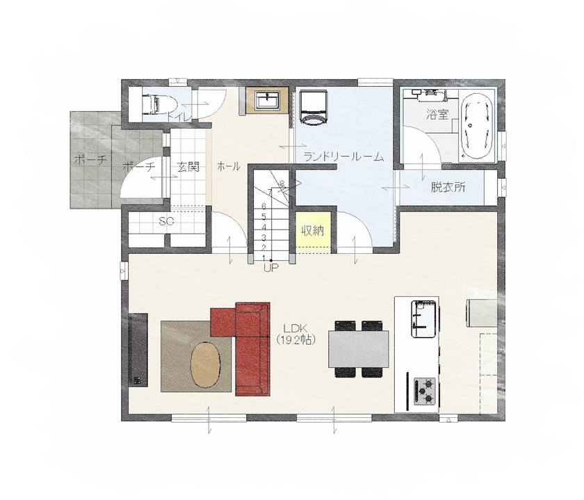 Rico Life. 久喜店 【2000万円｜34坪｜間取り図あり】「広くて明るいリビングがほしい」を実現したカリフォルニアスタイルの家の間取り図（3LDK+書斎）1階