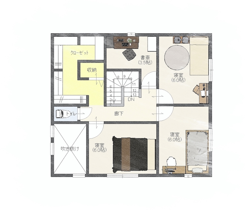 Rico Life. 久喜店 【2000万円｜34坪｜間取り図あり】「広くて明るいリビングがほしい」を実現したカリフォルニアスタイルの家の間取り図（3LDK+書斎）2階