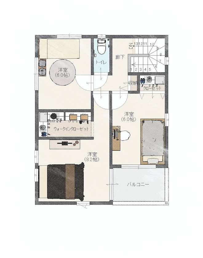 Rico Life. 久喜店 【1300万円｜約31坪｜間取り図あり】土地購入から予算内で実現した太陽光発電搭載のオール電化住宅の間取り図（4LDK）2階