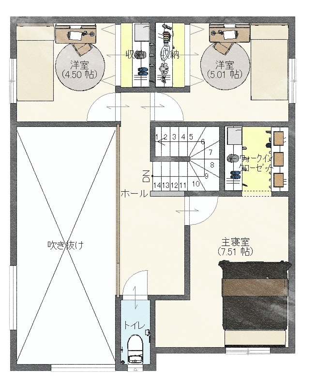 Rico Life. 久喜店 【27坪台｜吹き抜け｜間取り図あり】吹き抜けのあるリビング。大容量の収納×回遊動線を実現した住まいの間取り図（3LDK）2階