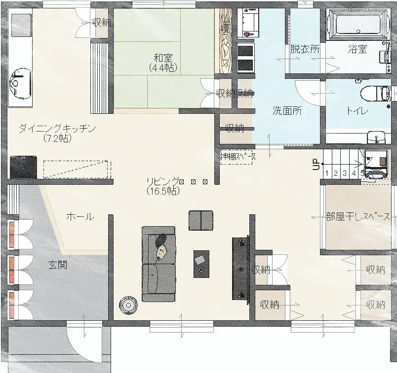 Rico Life. 久喜店 【49坪台｜洗練の空間｜間取り図あり】子ども達に個室を！5人家族のこだわりと工夫が詰まったモダンハウスの間取り図（5LDK）1階