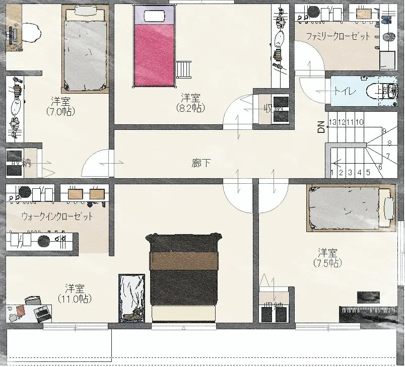 Rico Life. 久喜店 【49坪台｜洗練の空間｜間取り図あり】子ども達に個室を！5人家族のこだわりと工夫が詰まったモダンハウスの間取り図（5LDK）2階