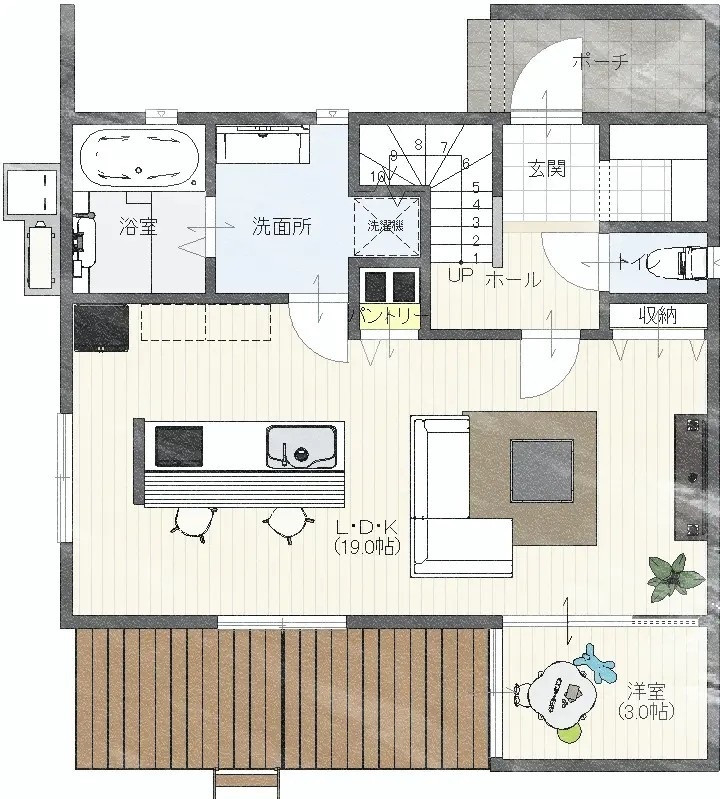 Rico Life. 久喜店 【32坪台｜おしゃれな外観｜間取り図あり】施主のこだわりが詰まった“カリフォルニアスタイルの家”が誕生の間取り図（4LDK）1階